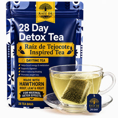 Raiz DE front box showing 28-day herbal tea for easy routine support