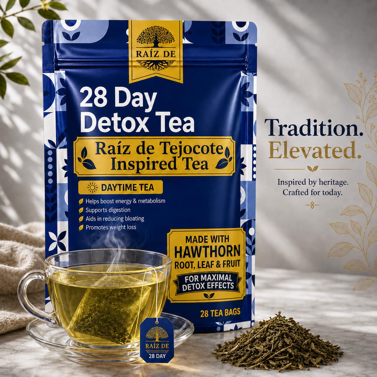 Raiz DE cup beside breakfast portraying integration into daily wellness