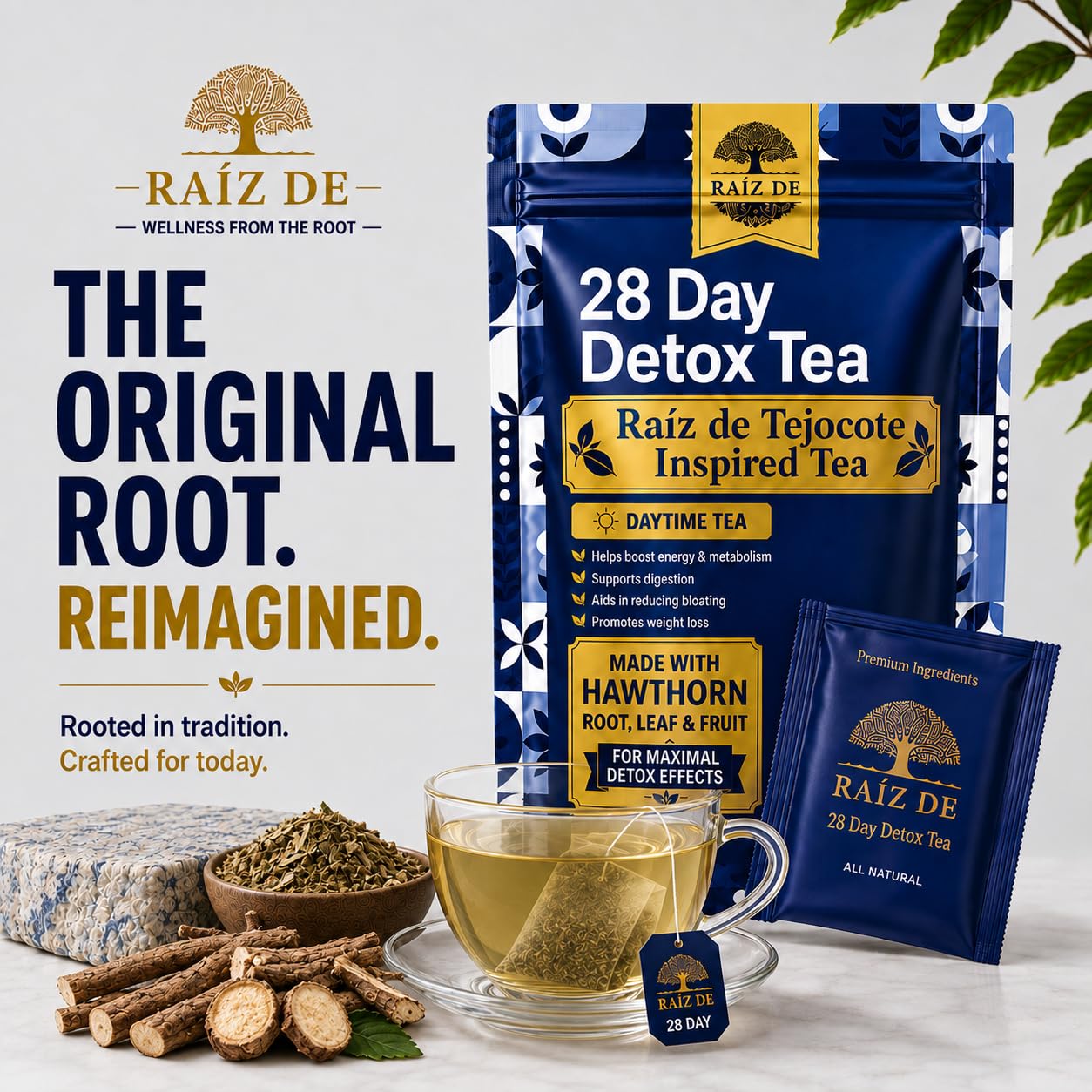 Raiz DE tea bag close-up highlighting cassia seed and filtration benefit