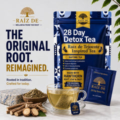 Raiz DE tea bag close-up highlighting cassia seed and filtration benefit