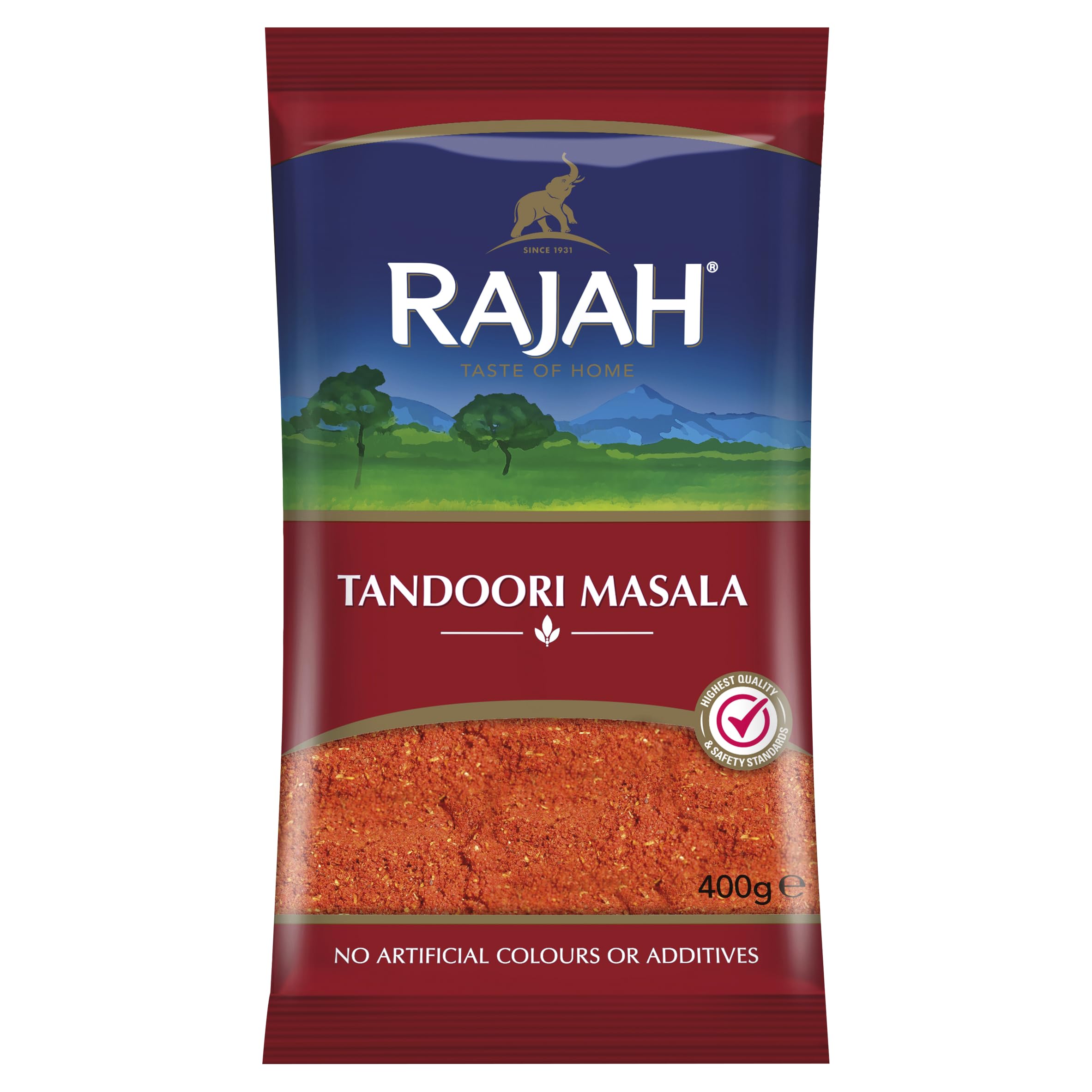 Rajah Tandoori Masala front pack, vibrant spices for bold flavor