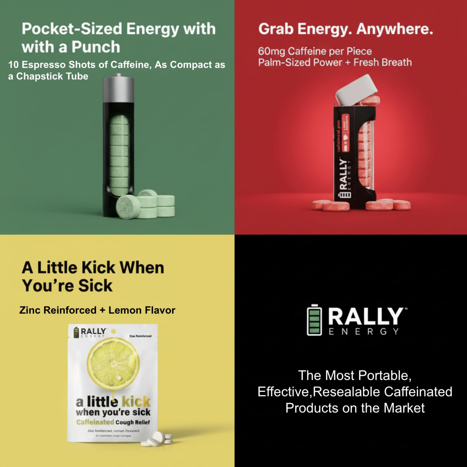 Rally Energy mints beside a coffee cup to compare caffeine alternatives and convenience