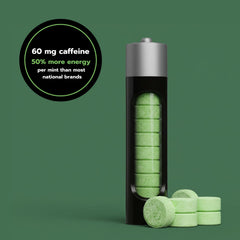 Rally Energy open tin with neatly arranged mints demonstrating portable caffeine supply