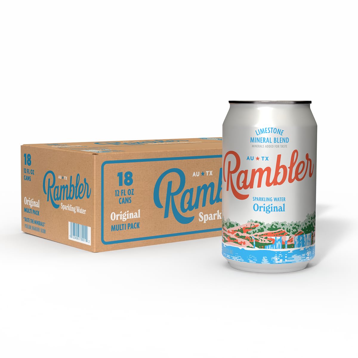 RAMBLER front 18-pack view showing original cans and branding, highlights convenience
