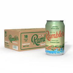 RAMBLER front packaging lemon-lime shows 18-pack and flavor clarity, refreshing convenience