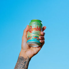 RAMBLER slim can close-up highlighting label detail and easy portable design benefit