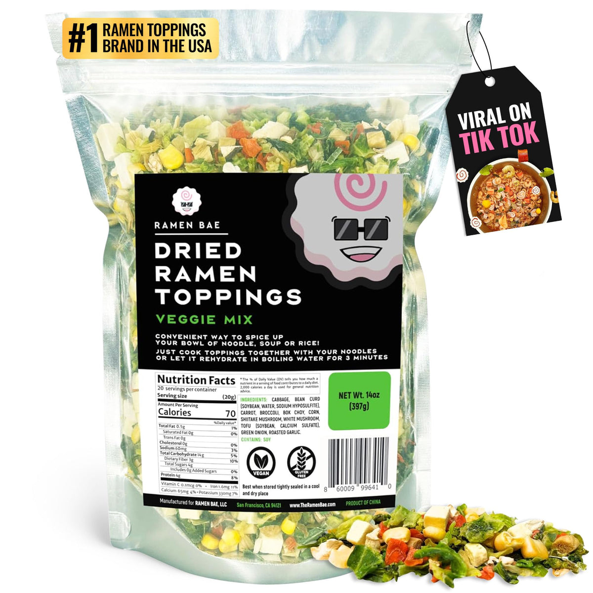 Ramen Bae front packaging showing veggie mix and low-sodium benefit