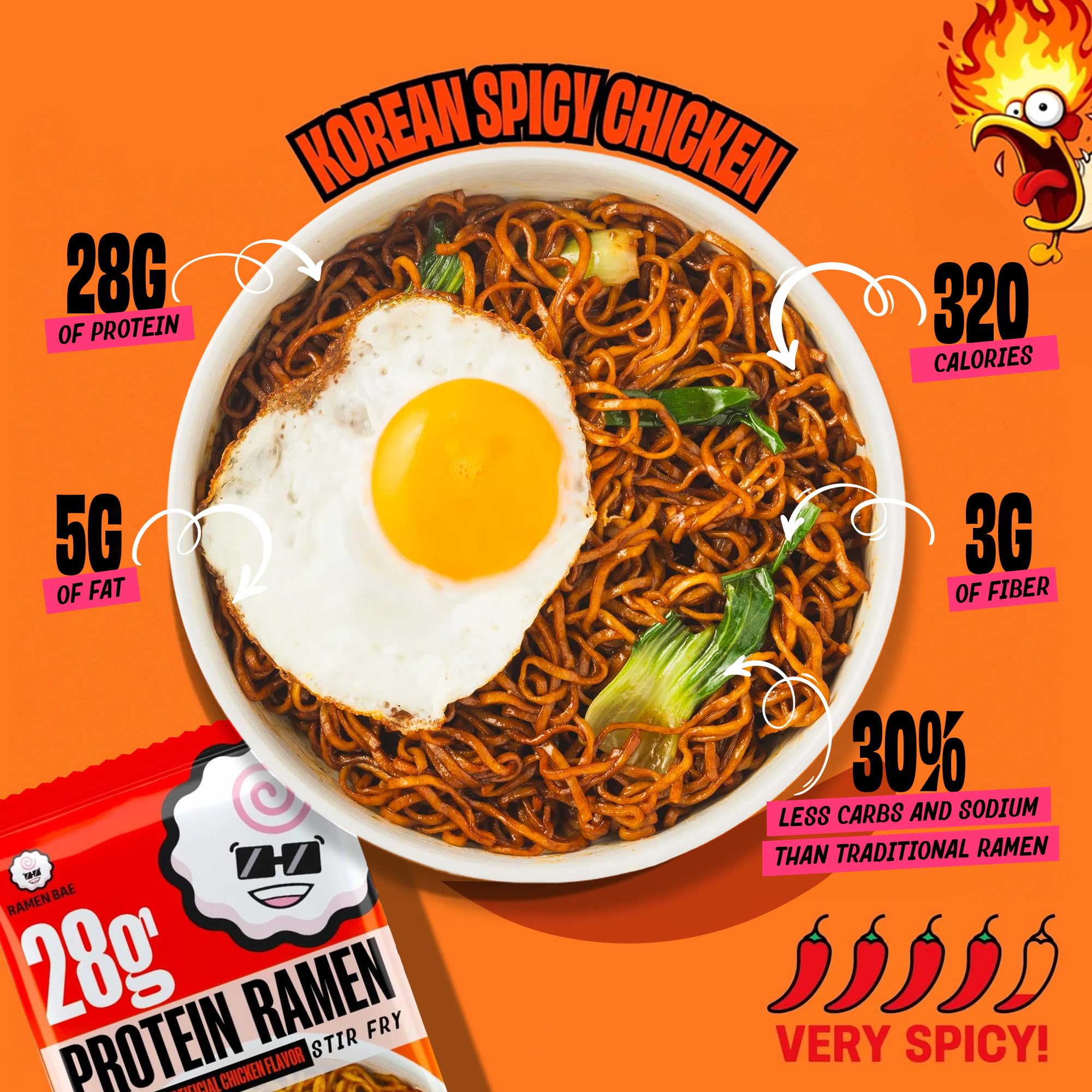 Ramen Bae label and nutrition panel emphasizing protein content and cleaner ingredient claims