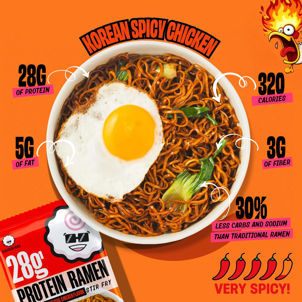 Ramen Bae label and nutrition panel emphasizing protein content and cleaner ingredient claims
