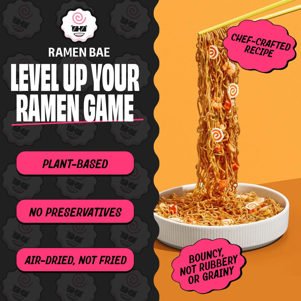 Ramen Bae portion comparison with hand to show single-pack size and meal convenience