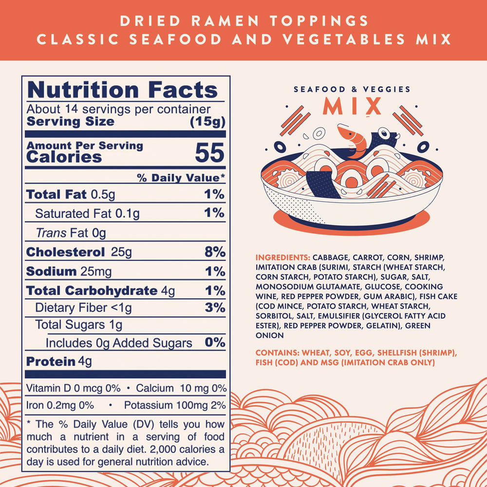 Ramen Eats shot of dried corn, cabbage and carrot pieces highlighting crunch