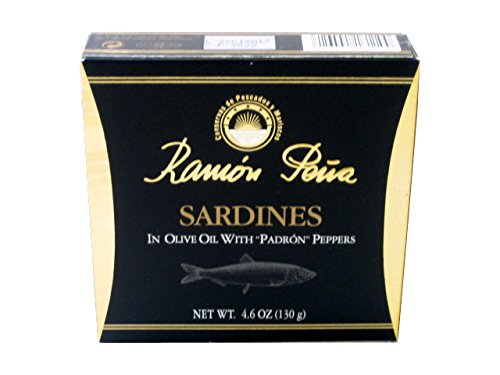 Ramon Peña front tin opened showing sardines in oil and Padron pepper for gourmet serving