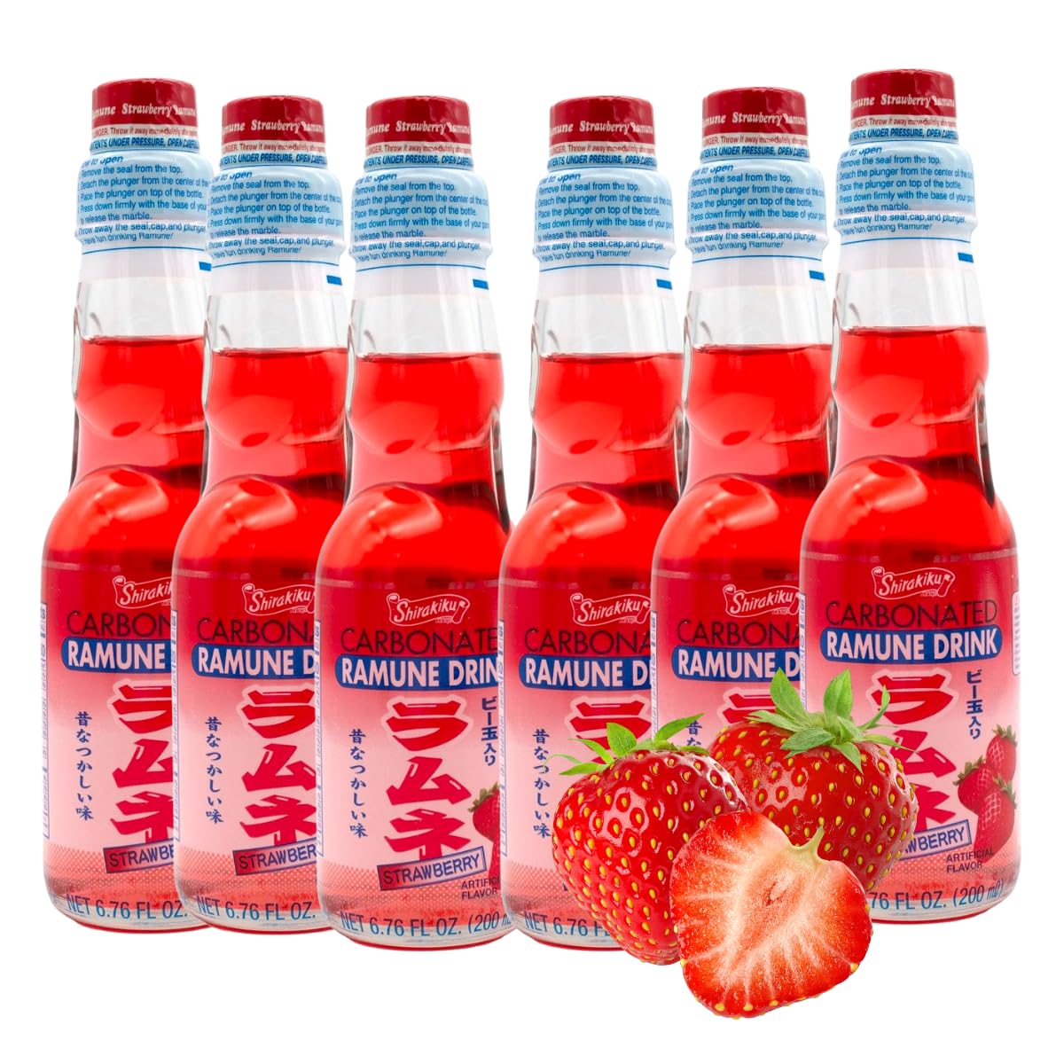 Generic Ramune front packaging showing six strawberry bottles and fun branding benefit: eye-catching display