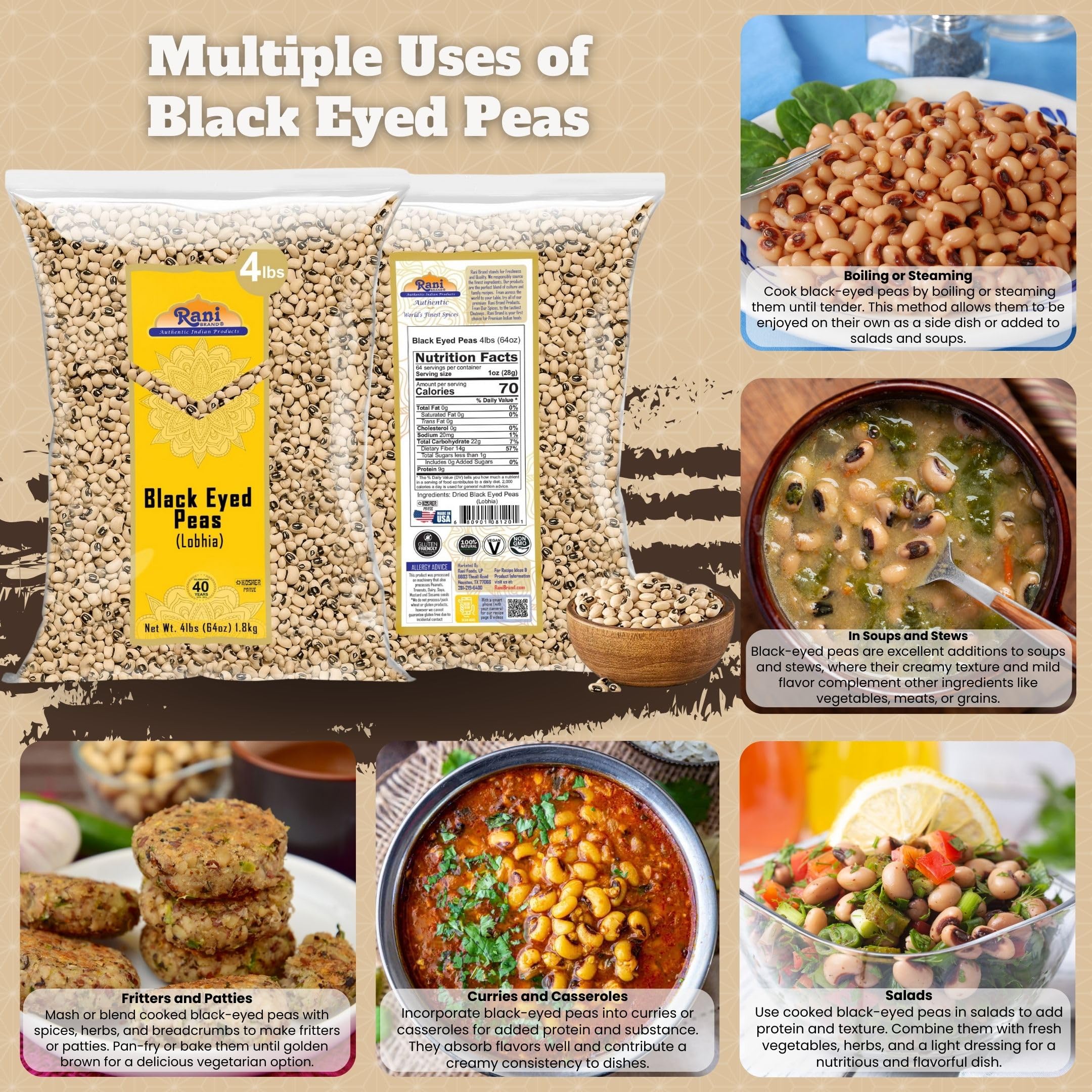 Rani Brand close-up of dried lobhia texture highlighting whole peas quality