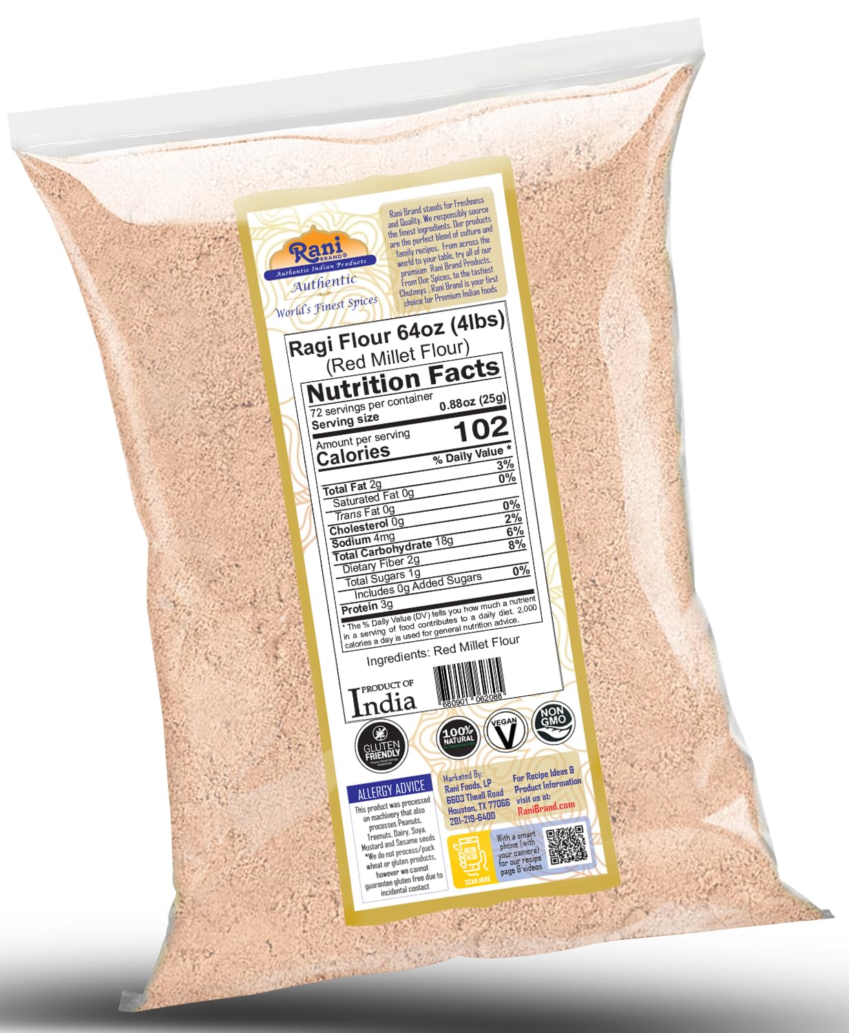 Rani Brand ingredient label and kosher mark showing non-GMO, no preservatives