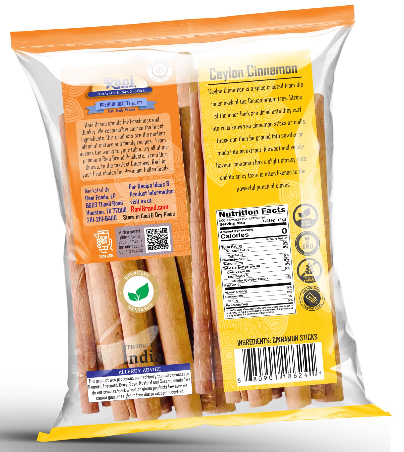 Rani Brand cinnamon sticks beside ruler showing 3-inch size for portioning