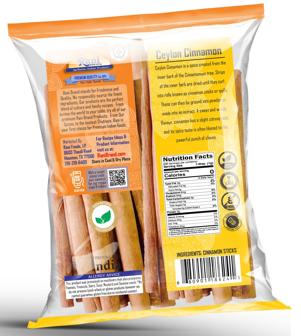 Rani Brand cinnamon sticks beside ruler showing 3-inch size for portioning