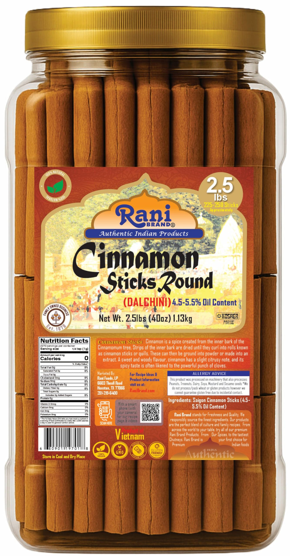 Rani Brand cinnamon sticks front packaging showing resealable PET jar and quantity benefit