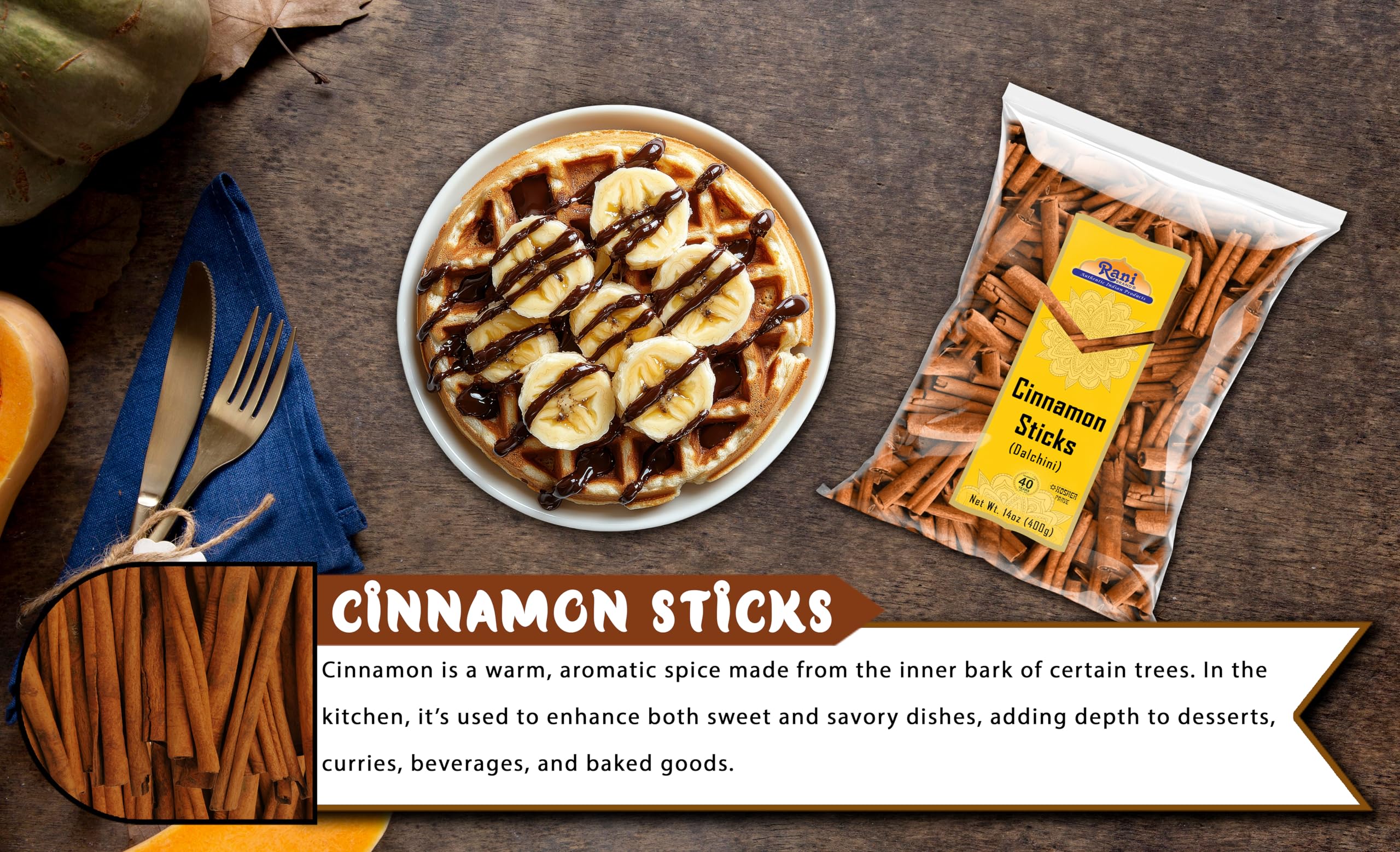 Rani Brand powdered cinnamon beside a stick showing grindable spice use