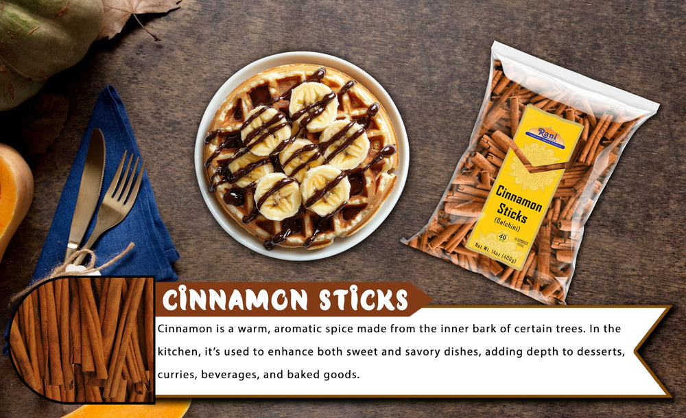 Rani Brand powdered cinnamon beside a stick showing grindable spice use