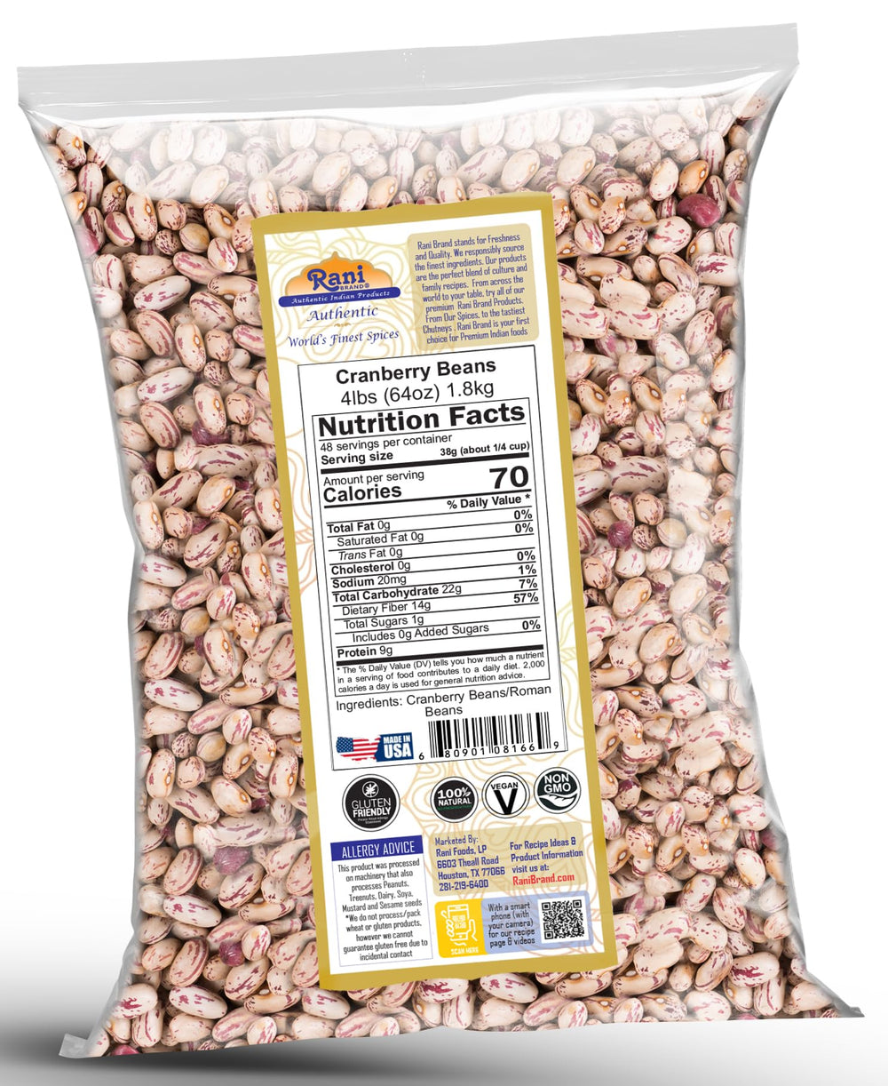 Rani Brand beans next to measuring cup showing 4 lb scale and bulk value advantage