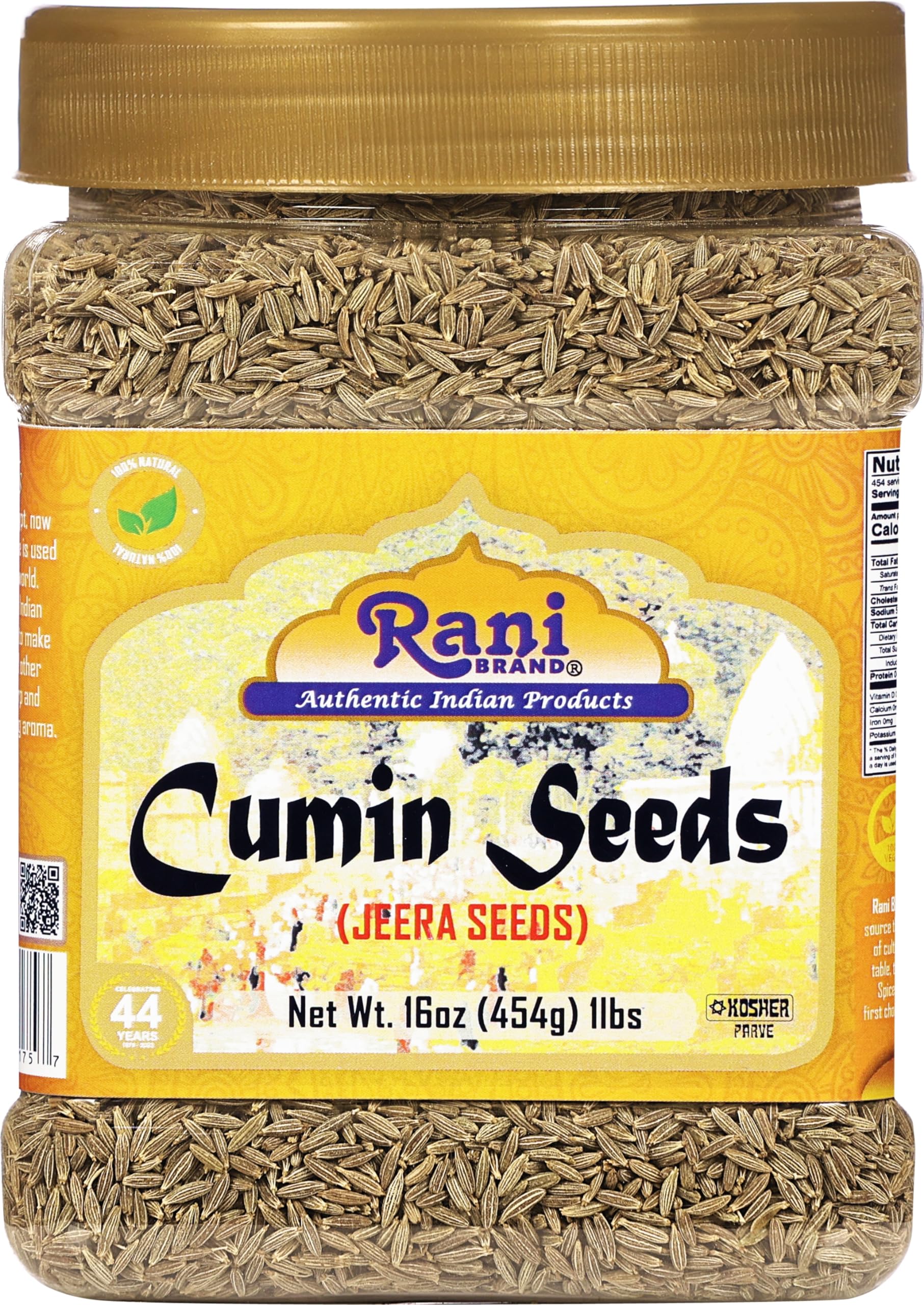 Rani Brand cumin seeds front packaging showing clear jar and label benefit freshness