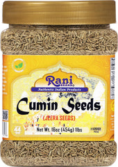 Rani Brand cumin seeds front packaging showing clear jar and label benefit freshness