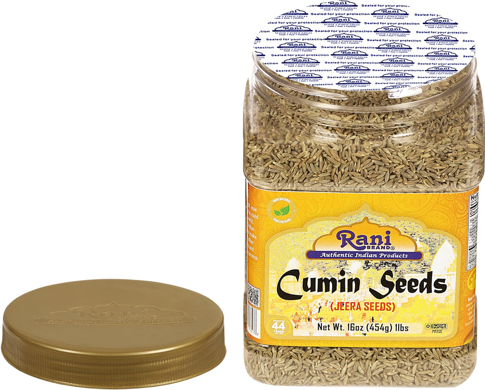 Rani Brand cumin seeds sizzling in pan showing toasting releases flavor