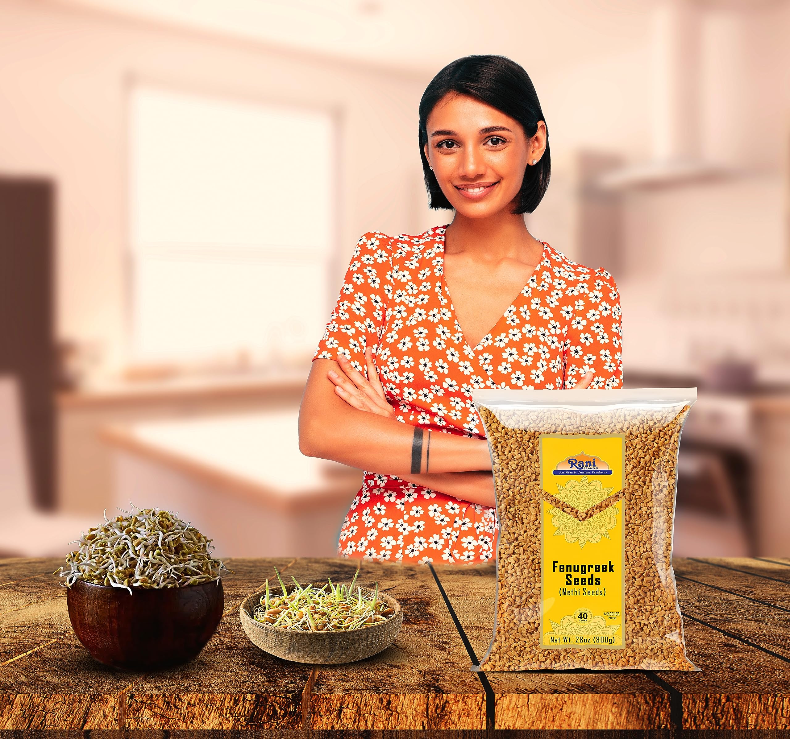 Open PET jar of Rani fenugreek with spoon indicating easy scooping and convenience