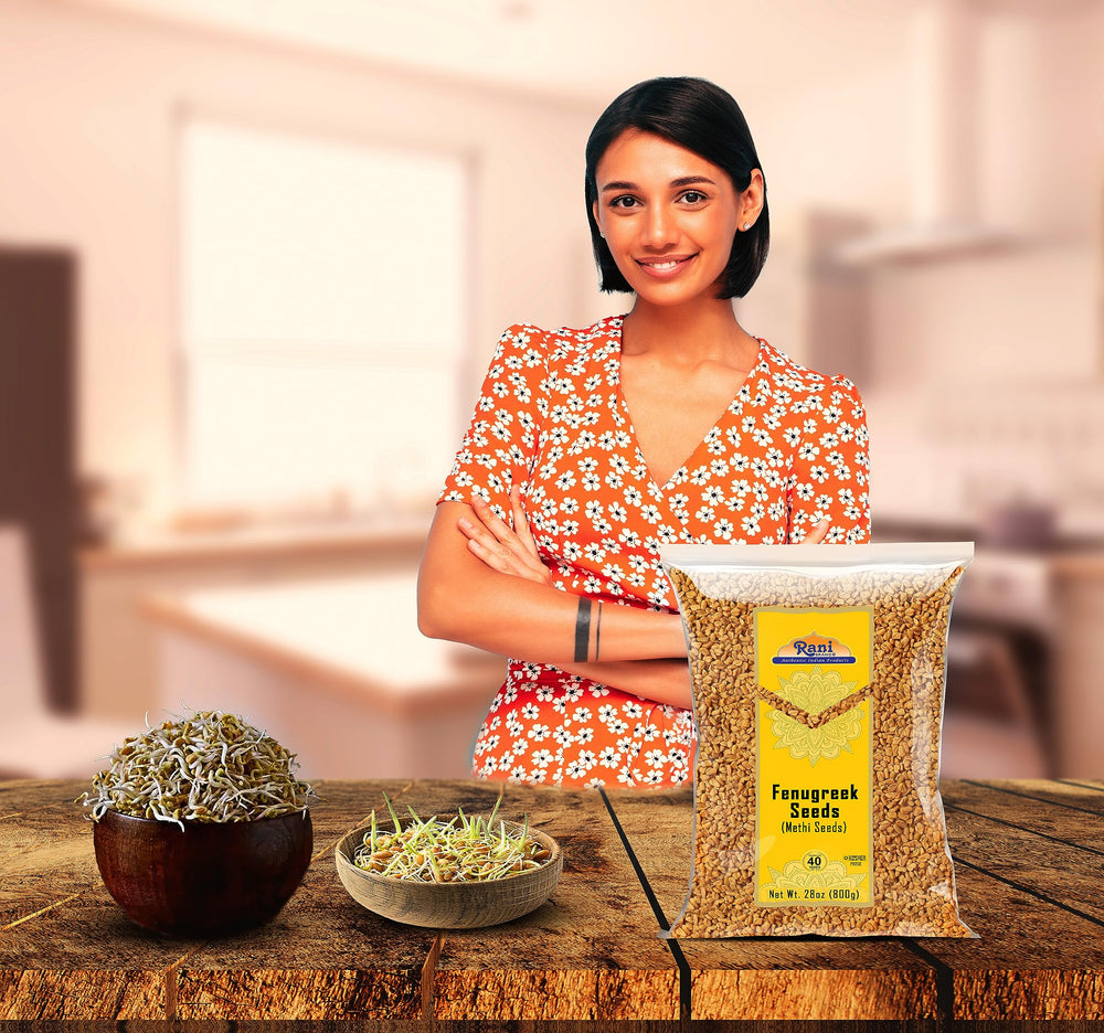 Open PET jar of Rani fenugreek with spoon indicating easy scooping and convenience