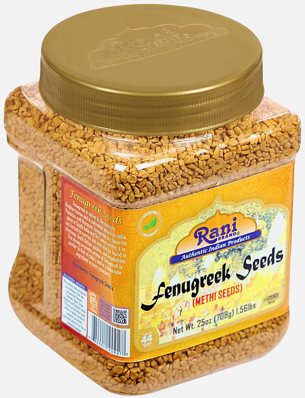 Rani fenugreek jar next to a kitchen scale illustrating the 25oz portion size