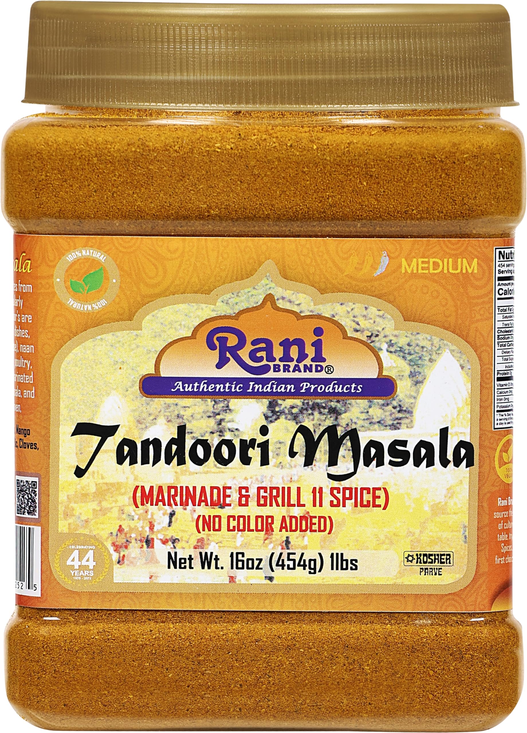 Rani Brand front jar showing tandoori masala label and clear PET jar for pantry convenience