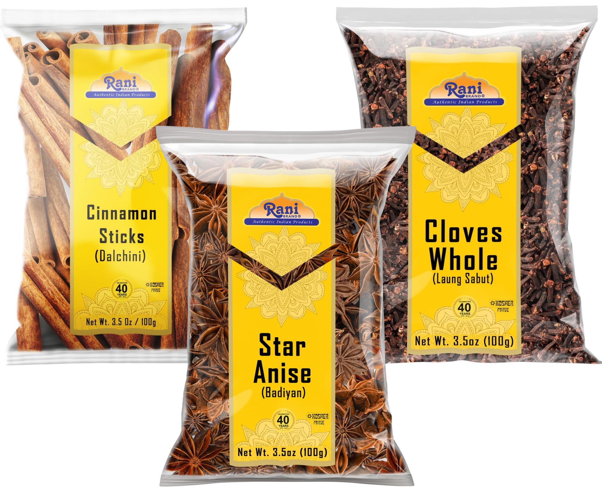 Rani Brand front packaging showing three 100g spice pouches and product benefits