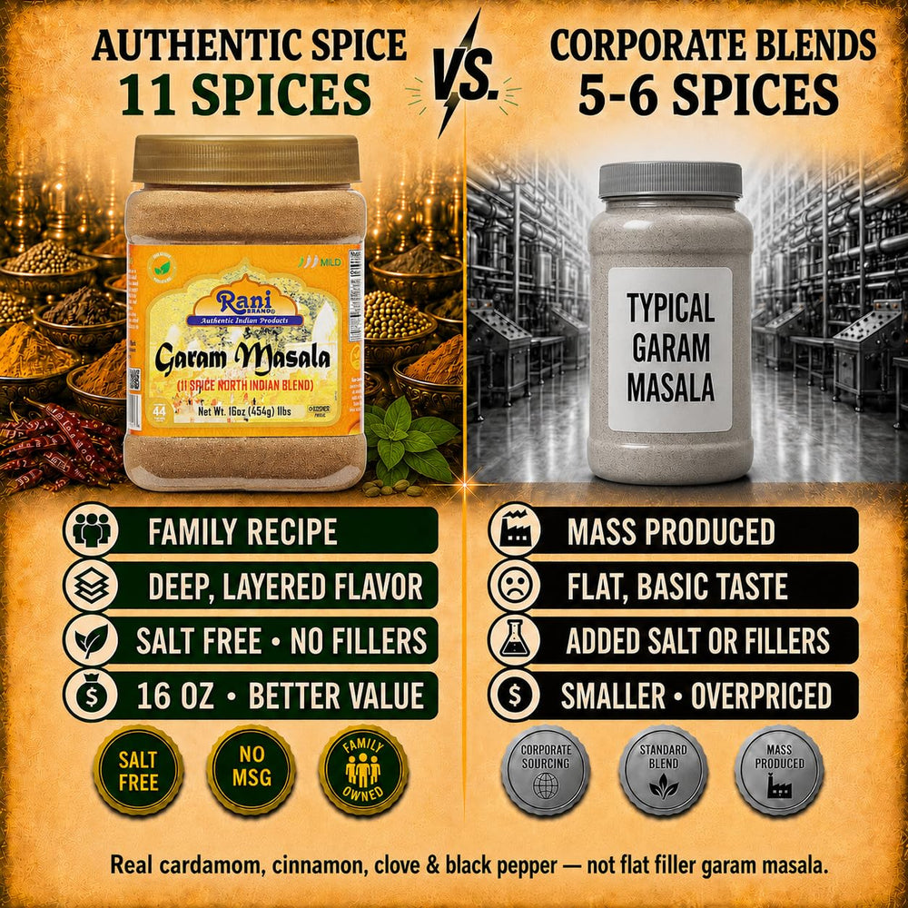 Rani Brand close-up label detail highlighting 11-spice authenticity