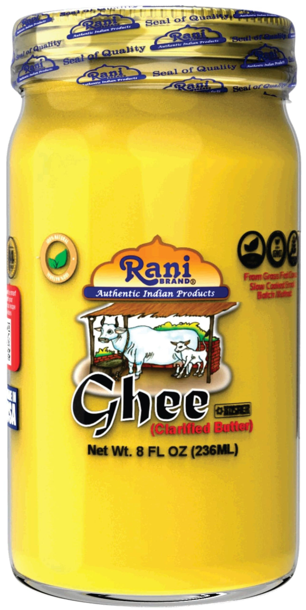 Rani Brand ghee glass jar front showing label and jar benefit