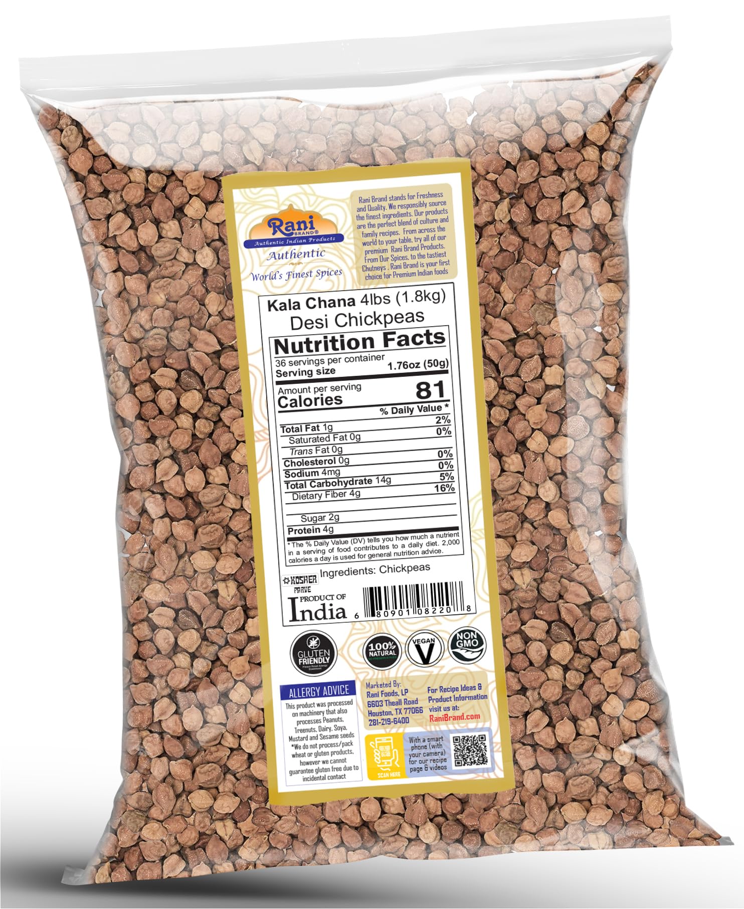 Rani Brand ingredients flatlay with spices and kala chana, suggests versatile recipe uses