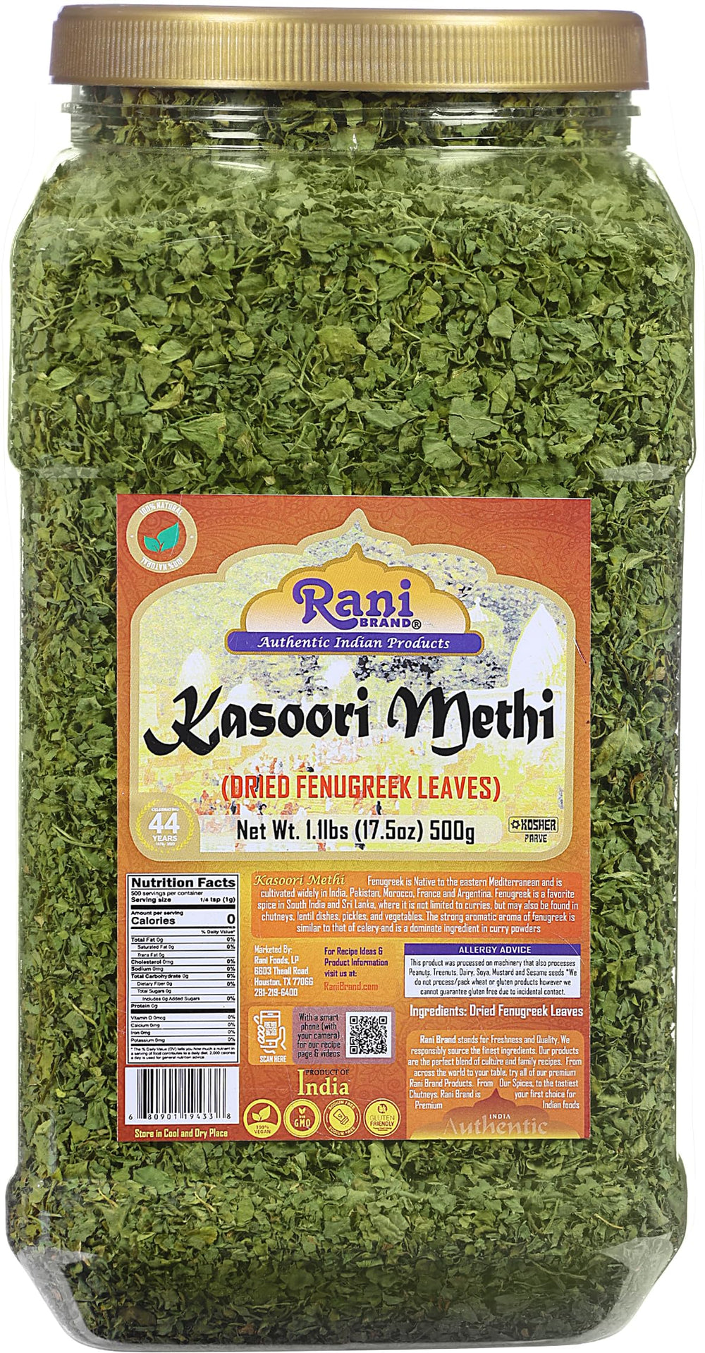 Rani Brand front view of 500g kasoori methi jar showing packaging benefit