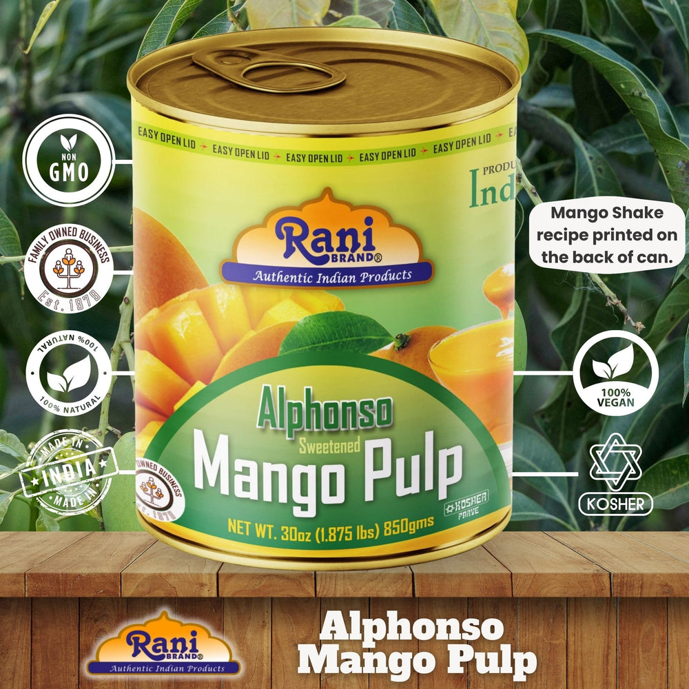 Rani Brand mango lassi glass next to can illustrating ready-to-serve use