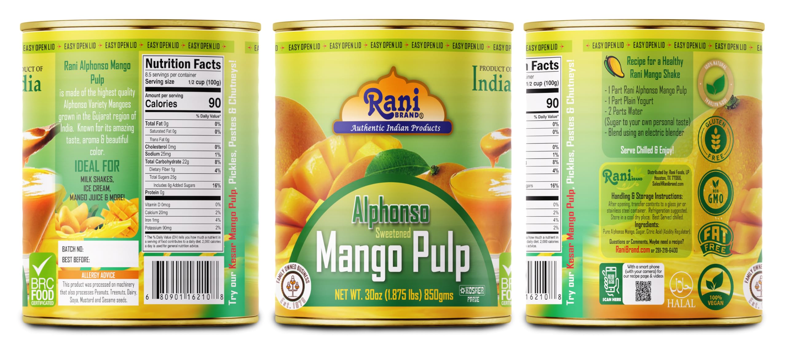 Rani Brand ingredients layout showing mango origin and natural claim