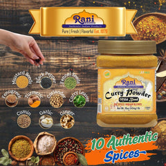 Rani brand spoon heap of curry powder highlighting rich aroma and color