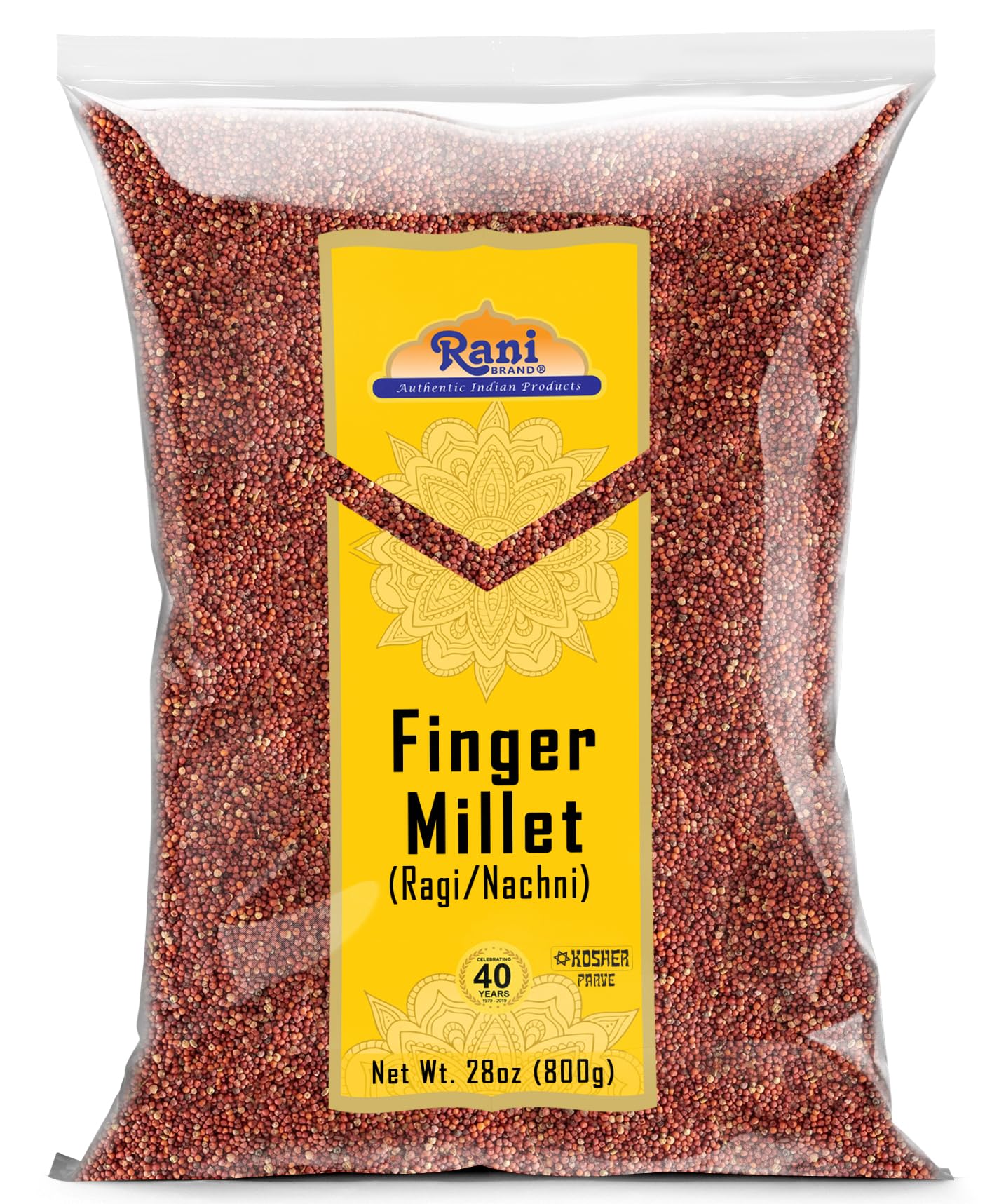 Rani Brand front packaging showing 28oz ragi, clear product view and benefits