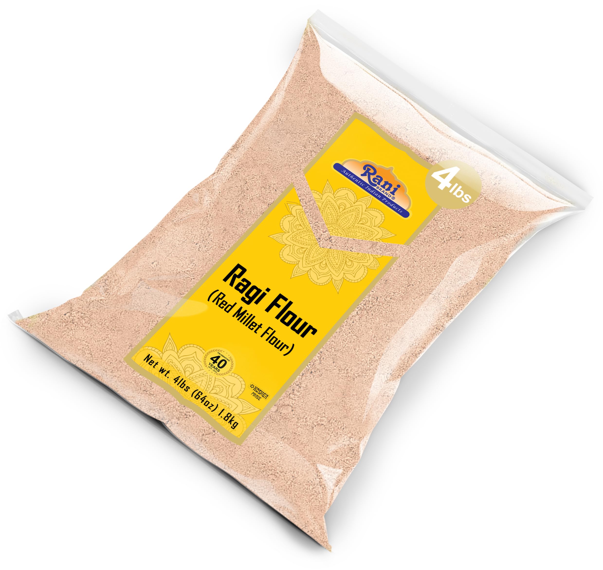 Rani Brand flour scoop on kitchen scales displaying 4 lb bulk size and portioning
