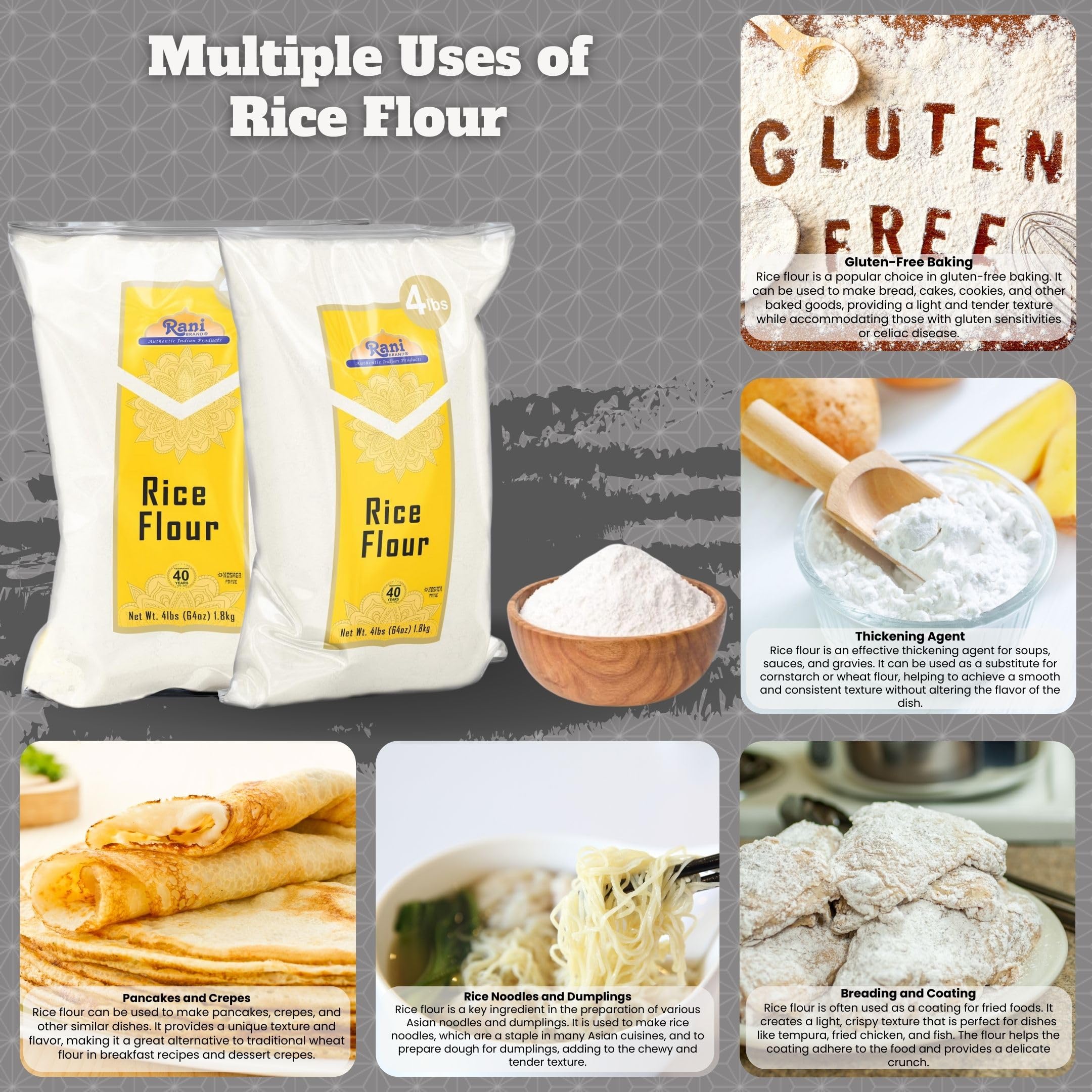 Rani Brand close-up of fine white rice flour texture, smooth mixing benefit