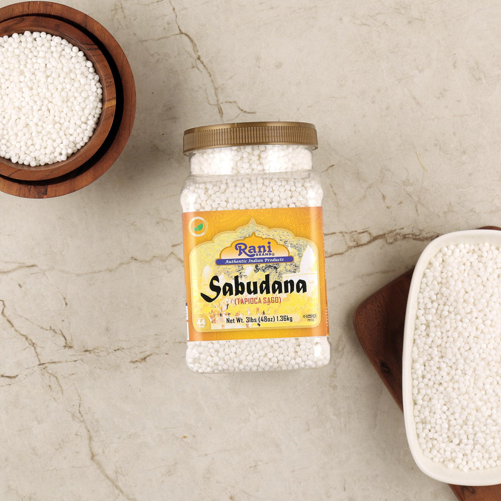 Close-up of Rani Brand tapioca pearls in jar highlighting uniform texture