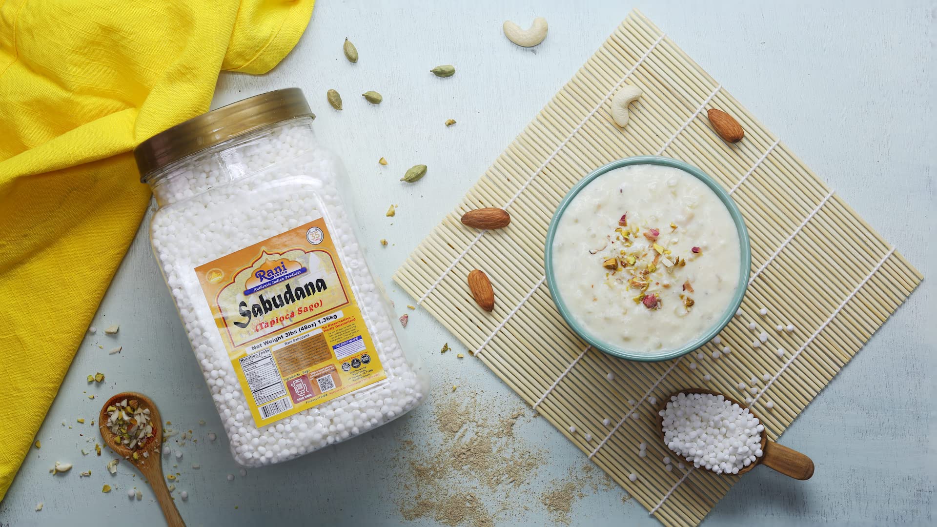 Soaked Rani Brand sabudana pearls showing translucent texture for recipes