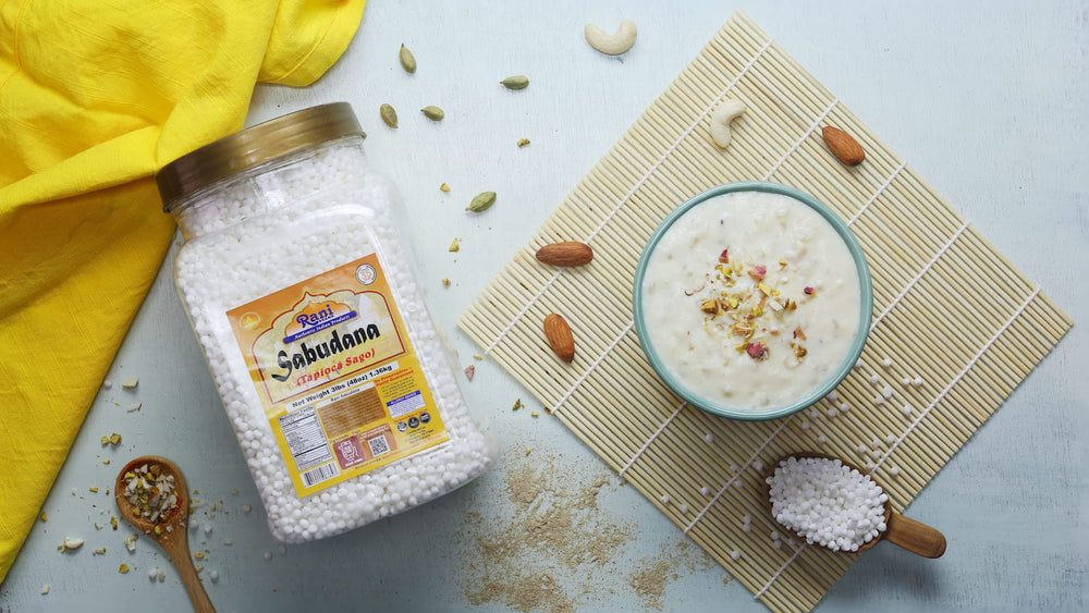 Soaked Rani Brand sabudana pearls showing translucent texture for recipes