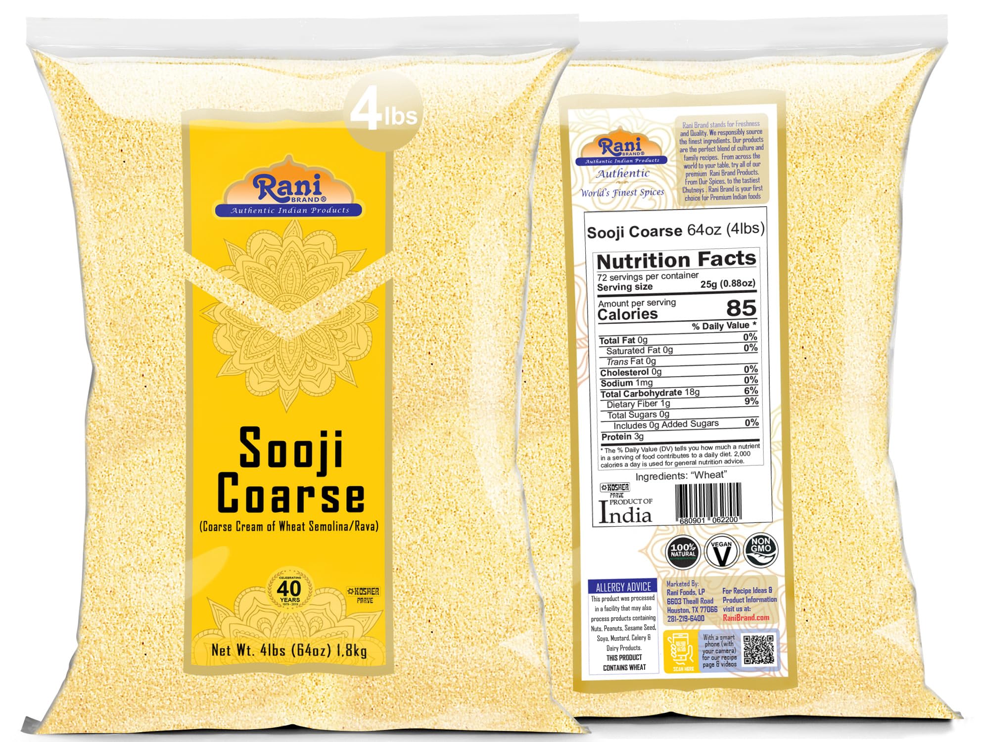 Rani Brand pouring semolina into bowl highlighting ease of scooping and measuring