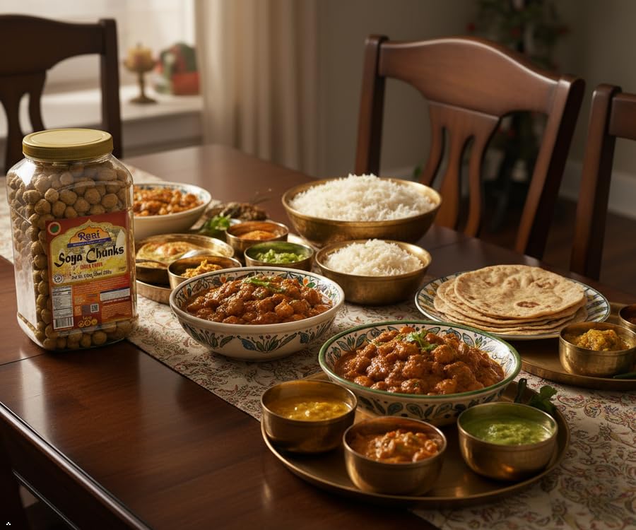 Rani Brand soya chunks served in spicy curry demonstrating versatility