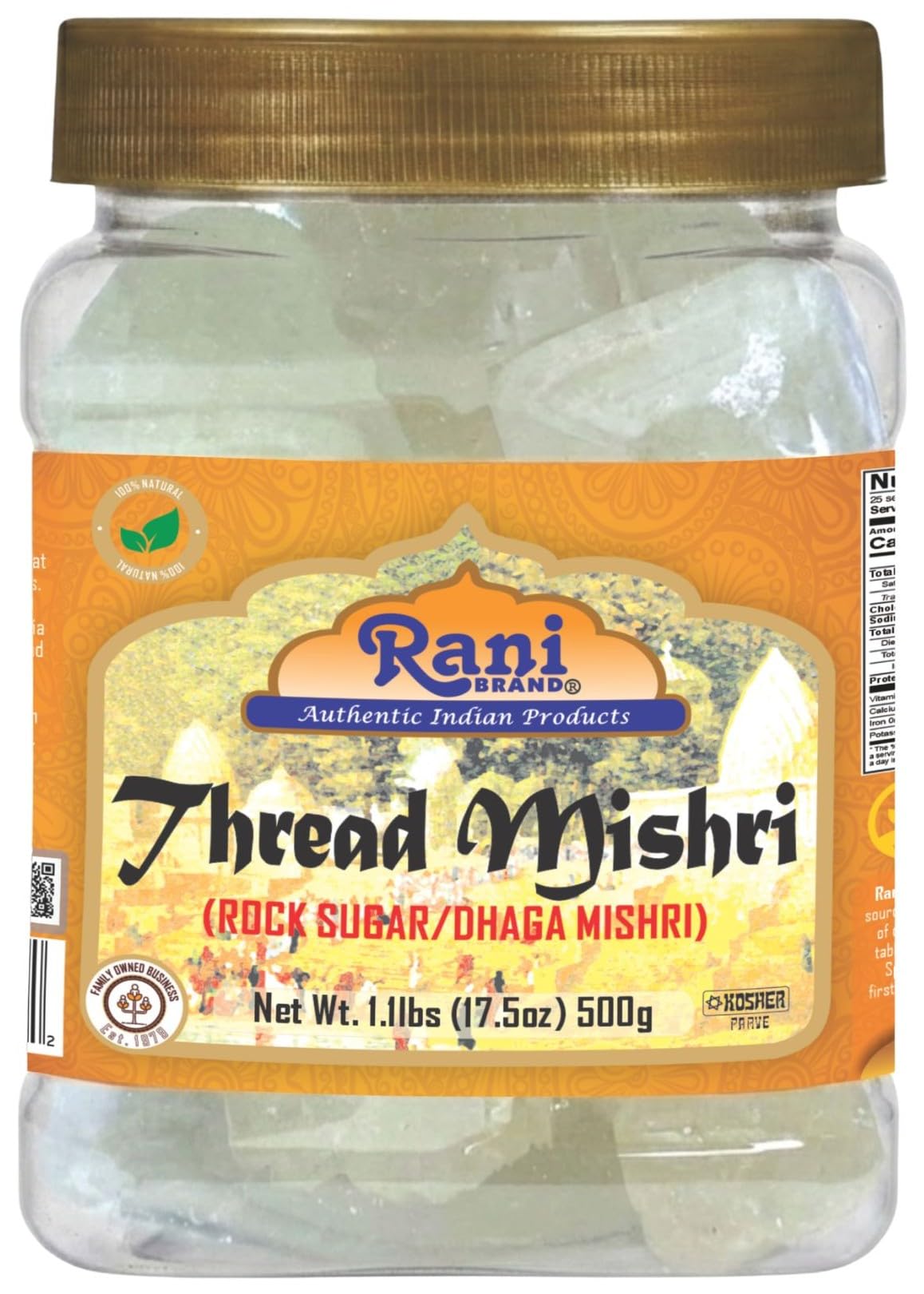 Rani Brand front jar showing thread misri crystals and easy-pour lid for convenience