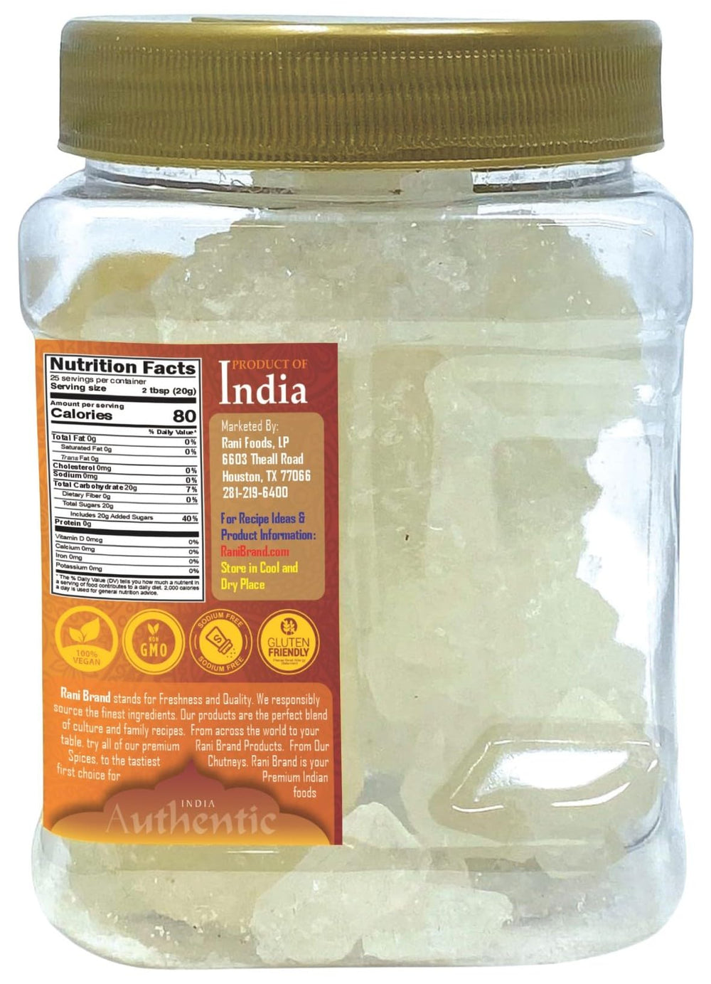 Rani Brand jar next to measuring scale showing 500g size and portion guidance